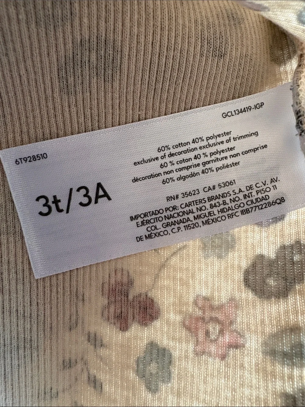 NWOT Carter's Floral Ribbed Top 3t